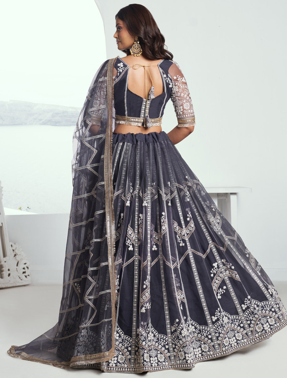 Gray Butterfly Net Thread Sequence Embroidery Designer Lehenga Choli