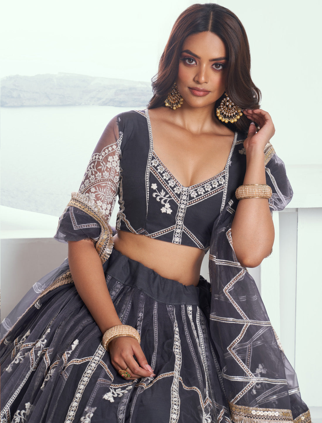 Gray Butterfly Net Thread Sequence Embroidery Designer Lehenga Choli