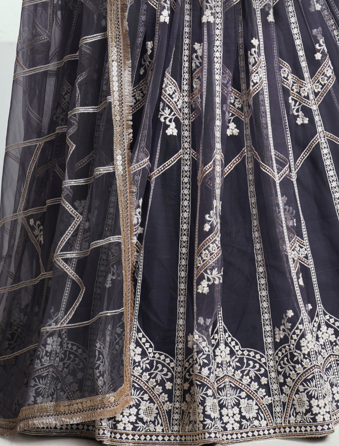 Gray Butterfly Net Thread Sequence Embroidery Designer Lehenga Choli