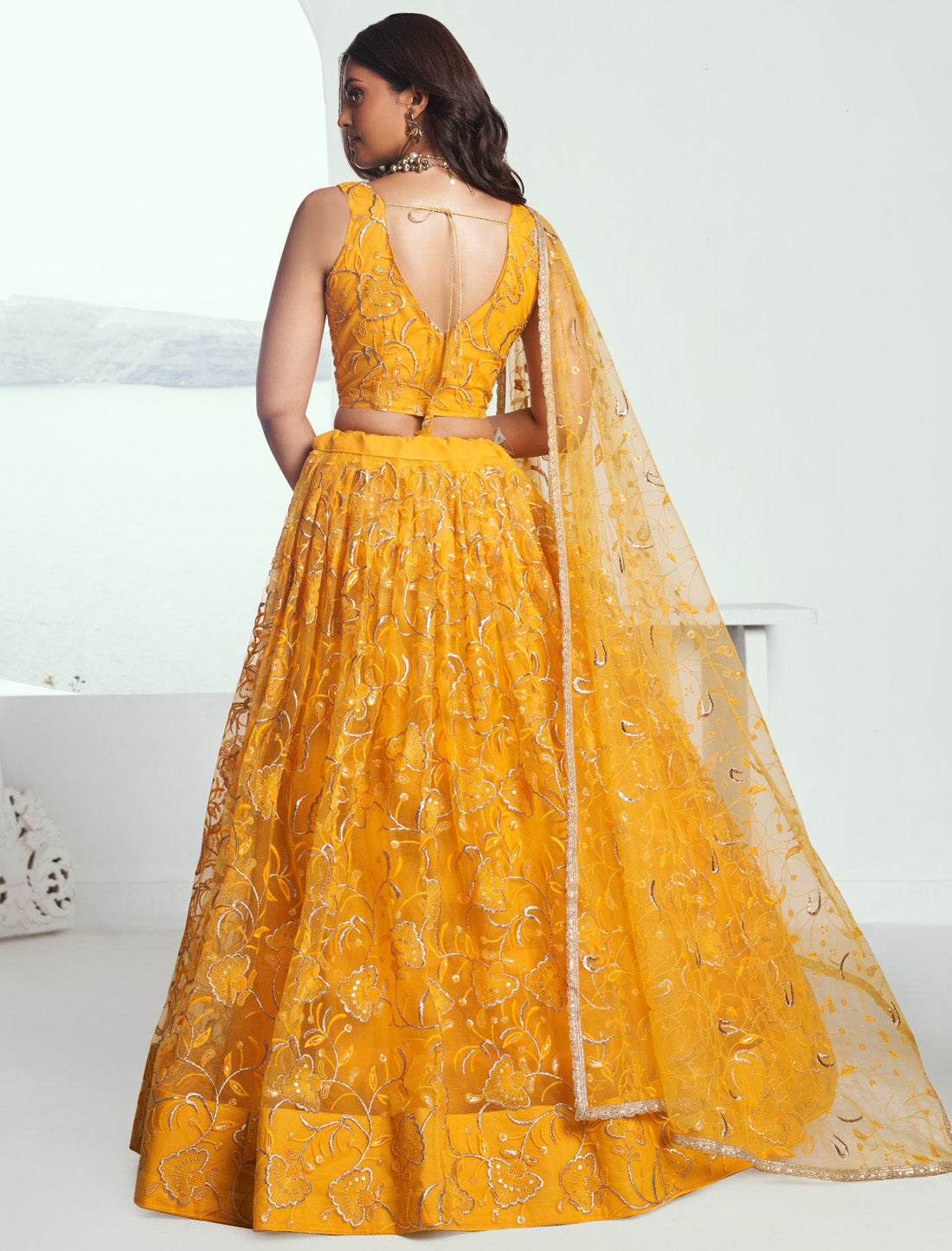 Yellow Butterfly Net Thread Sequence Embroidery Ethnic Lehenga Choli