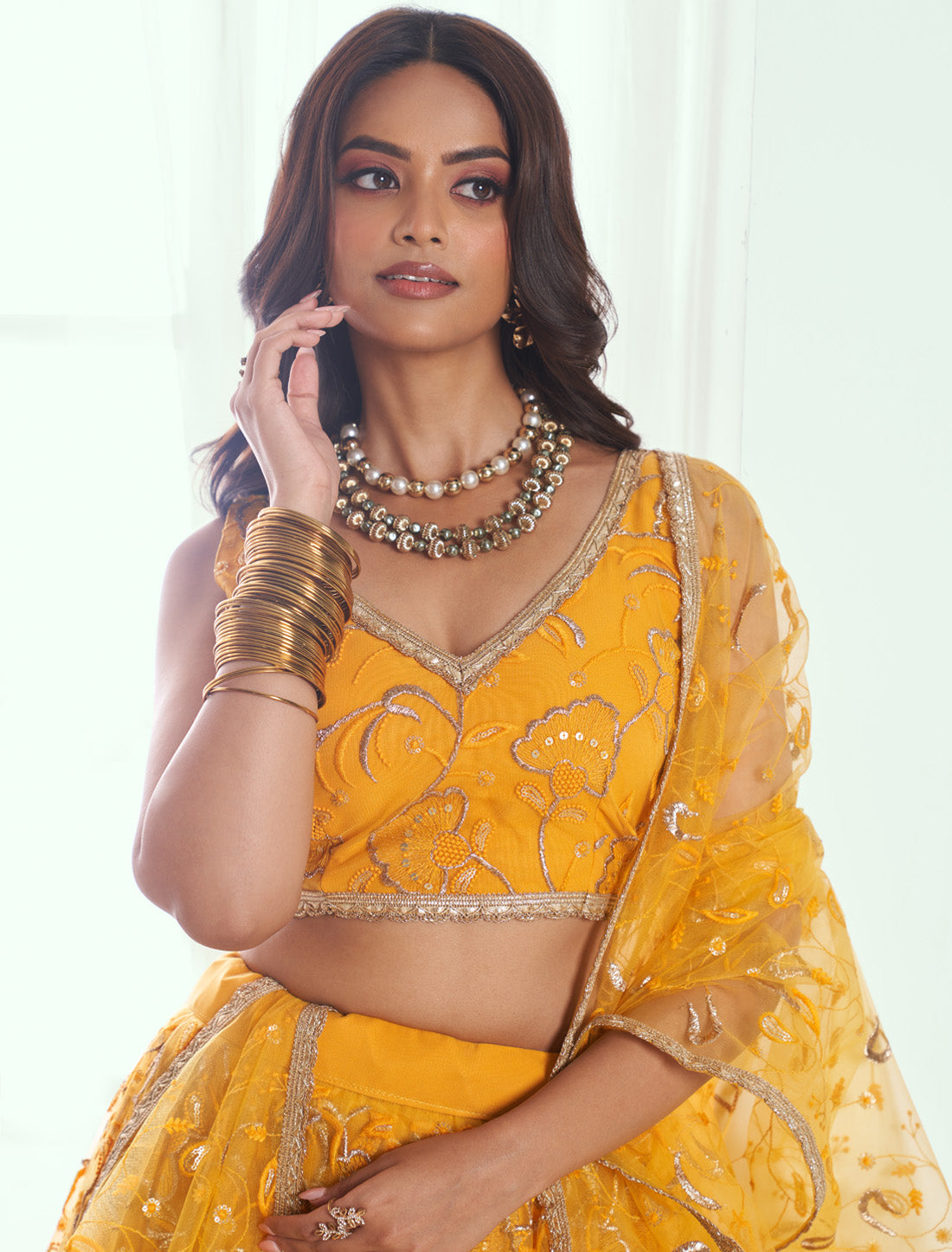 Yellow Butterfly Net Thread Sequence Embroidery Ethnic Lehenga Choli