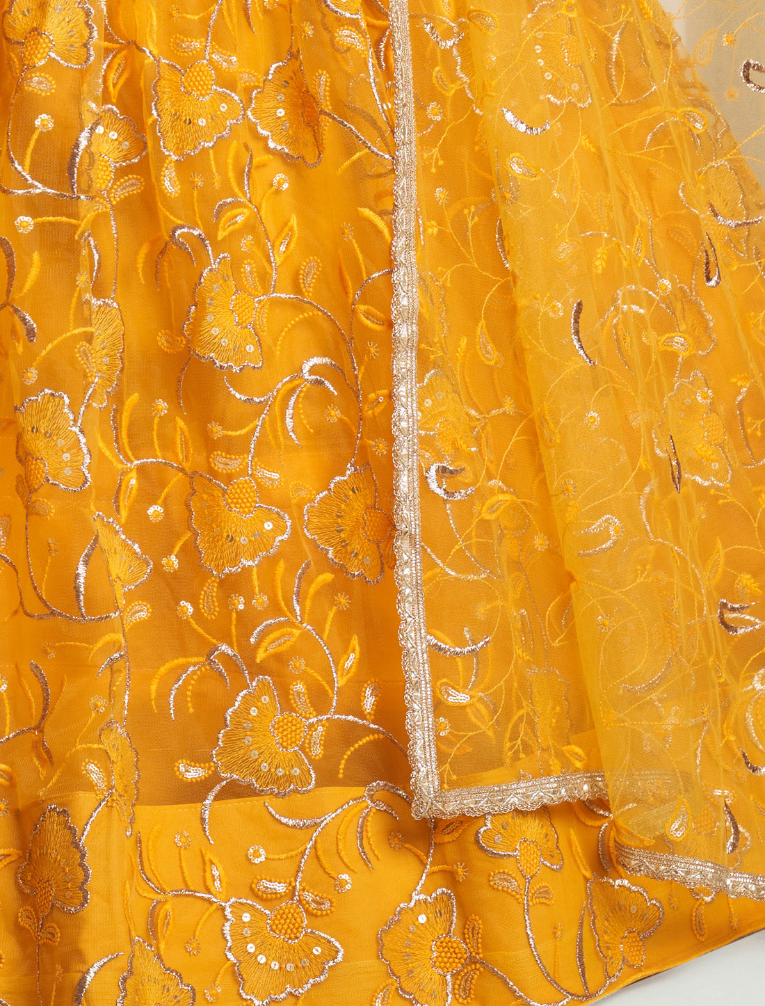 Yellow Butterfly Net Thread Sequence Embroidery Ethnic Lehenga Choli