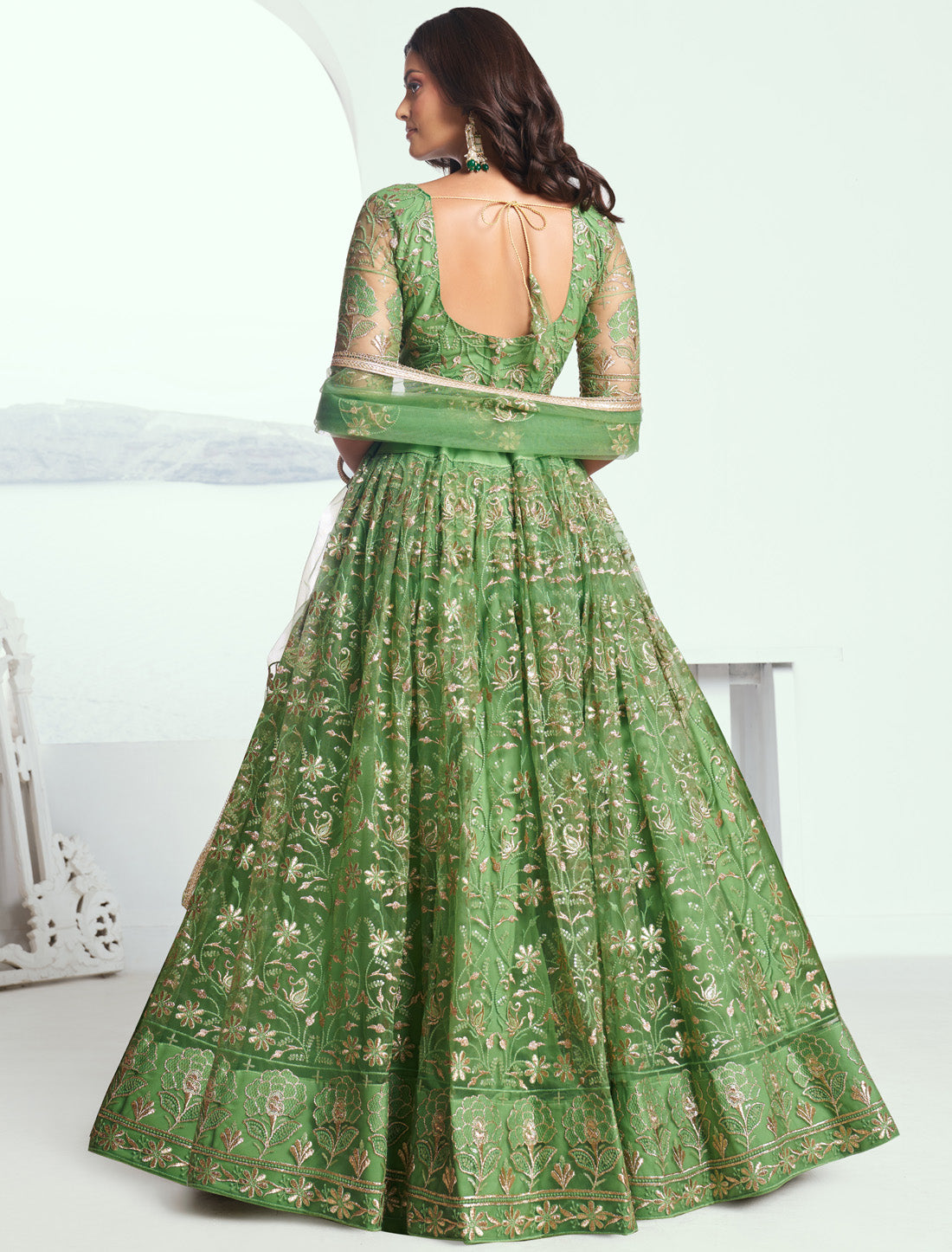 Green Butterfly Net Thread Sequence Embroidery Designer Lehenga Choli