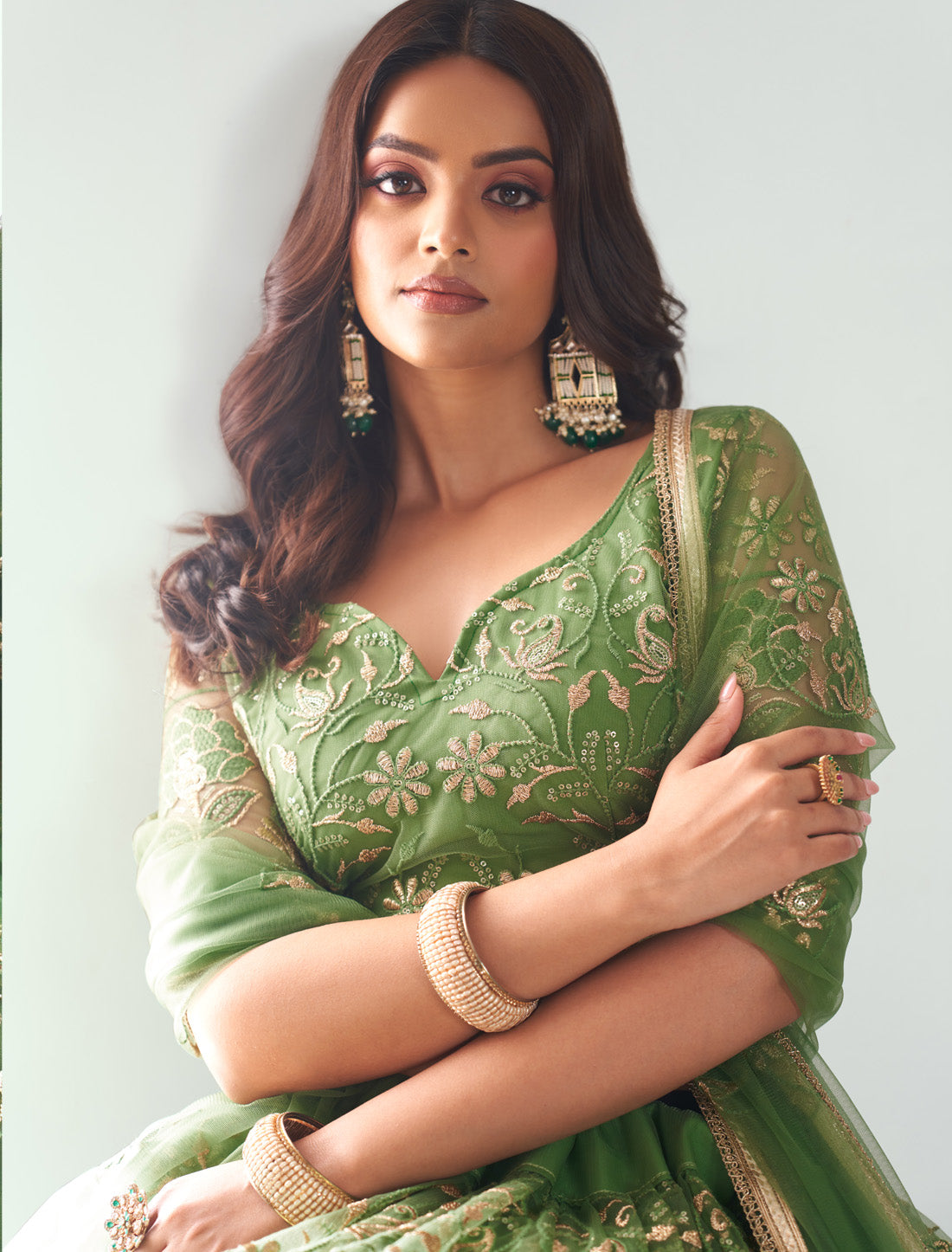 Green Butterfly Net Thread Sequence Embroidery Designer Lehenga Choli