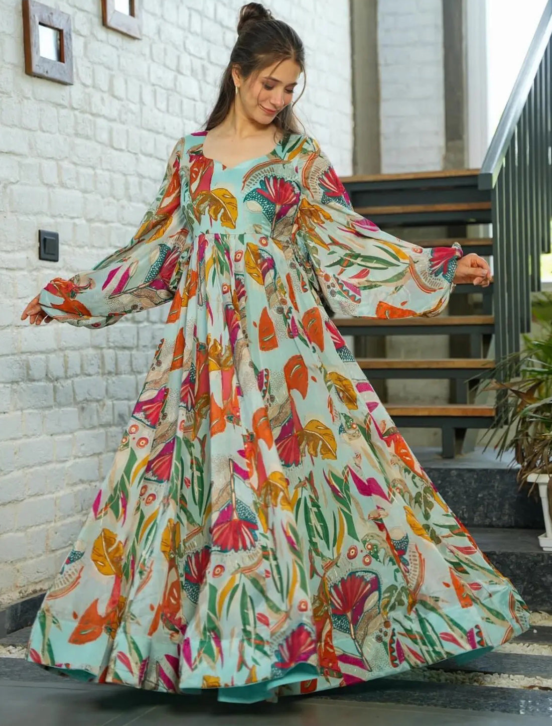 Premium Air Tex Chinon Anarkali Printed Gown