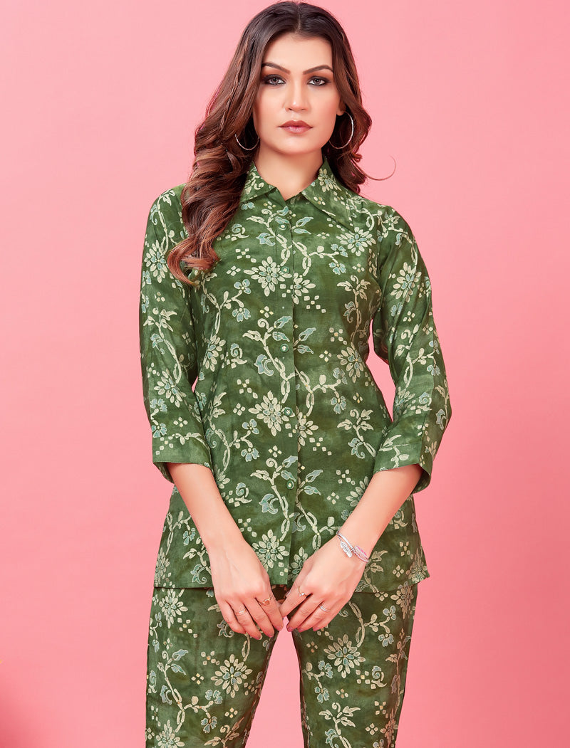 Iuxurious Olive Green Premium Chanderi Top & Pant Co-ord Sets for Women
