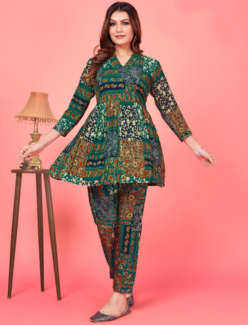 Introducing Dark Green Premium Chanderi Top & Pant Co-ord Sets for Women