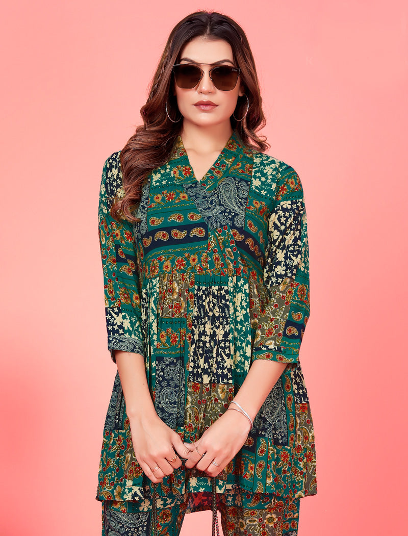 Introducing Dark Green Premium Chanderi Top & Pant Co-ord Sets for Women