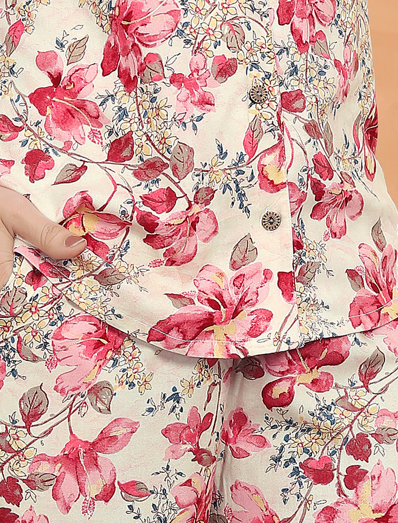 Cream & Pink Floral Elegance Premium Rayon Top & Pant Co-ord Sets for Women