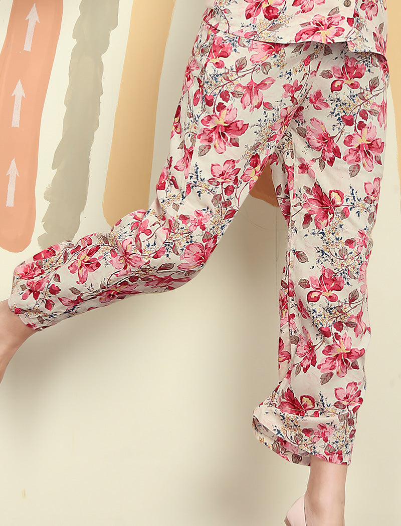 Cream & Pink Floral Elegance Premium Rayon Top & Pant Co-ord Sets for Women