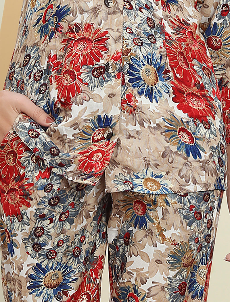 Introducing Cream & Red Premium Rayon Top & Pant Floral Co-ord Sets for Women