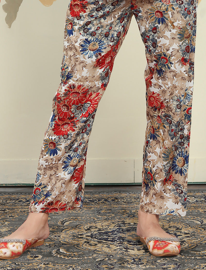 Introducing Cream & Red Premium Rayon Top & Pant Floral Co-ord Sets for Women