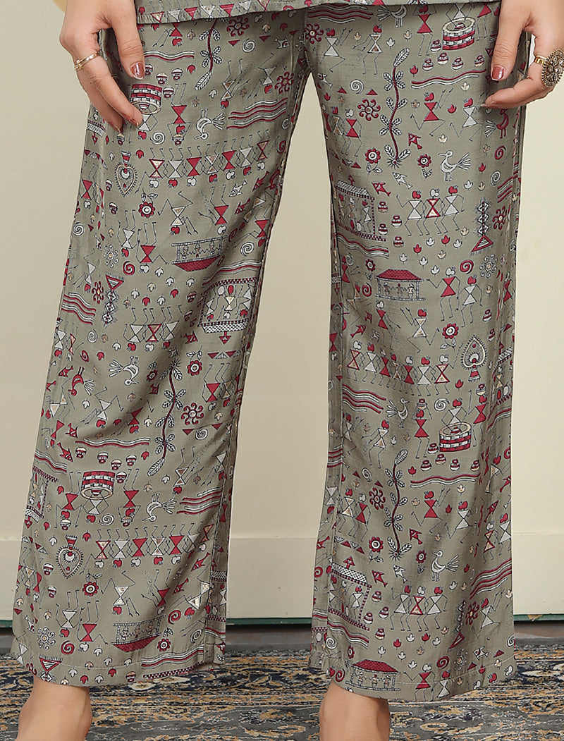 Elegance Grey & Pink Floral Premium Rayon Top & Pant Co-ord Sets for Women