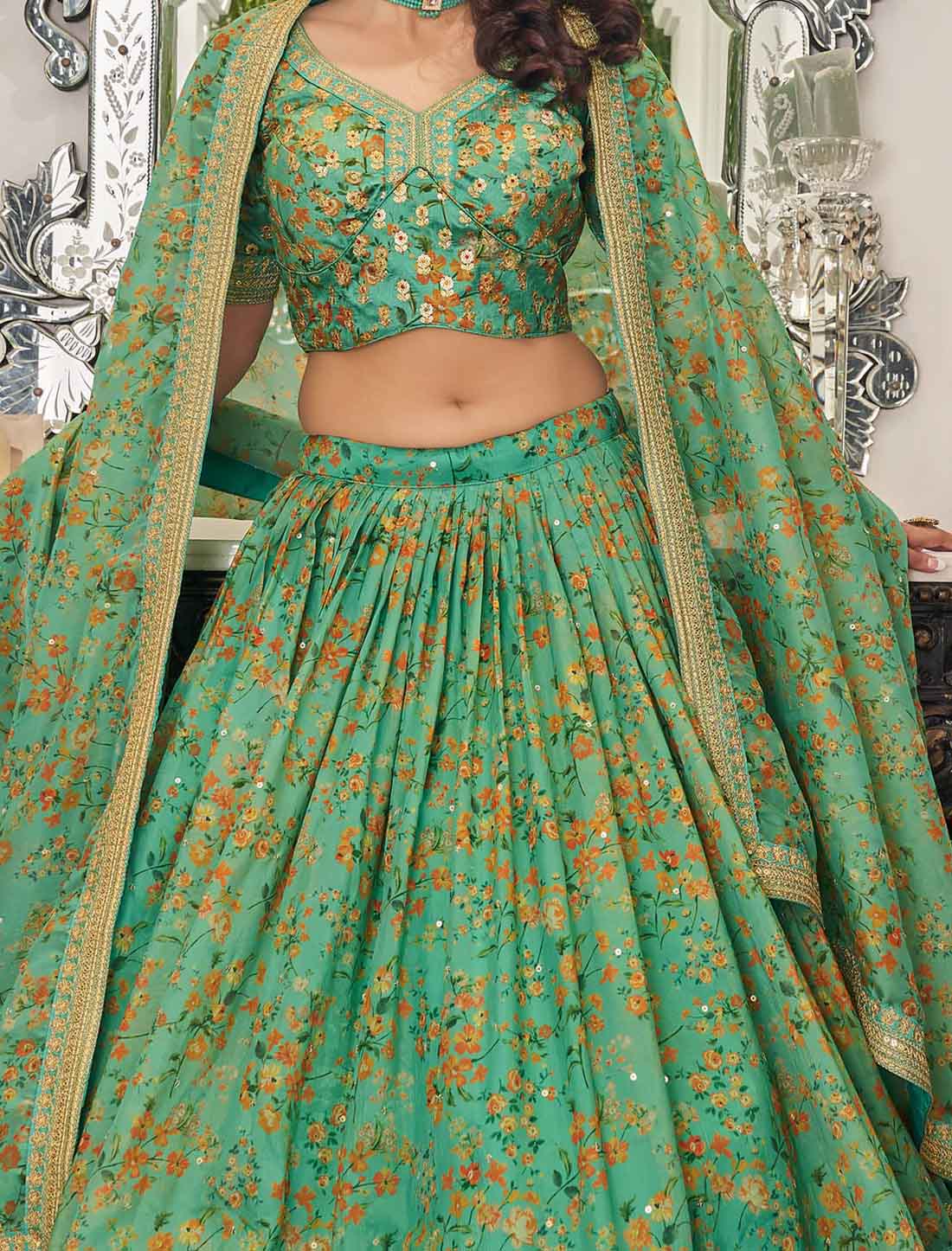 Pista Ethnic Art Silk Embroidery Work Lehenga Choli