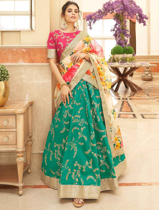 Green White Art Silk With Embroidery Work Premium Lehenga Choli