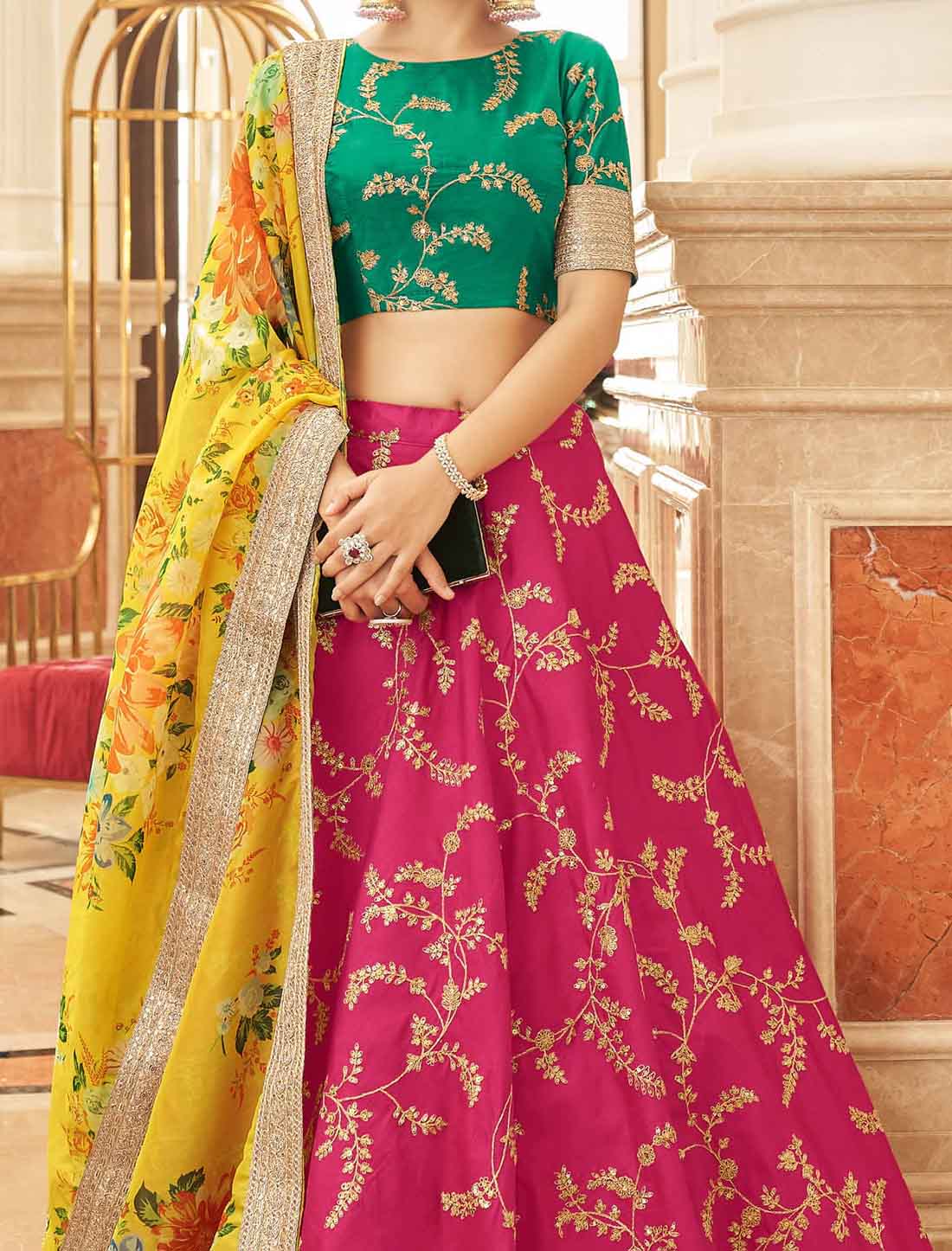 Pink Yellow Art Silk With Embroidery Work Ethnic Lehenga Choli
