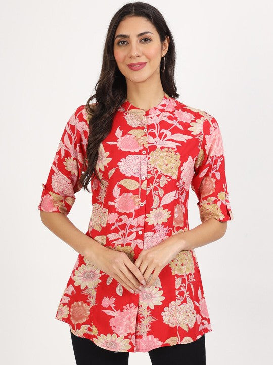 Red Floral Printed Viscose Rayon Ethnic Casual Top