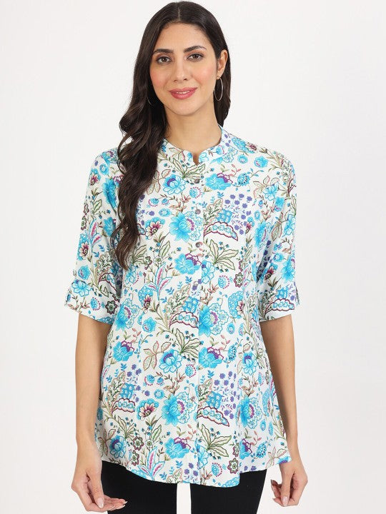 Ethnic White Floral Printed Viscose Rayon Casual Top