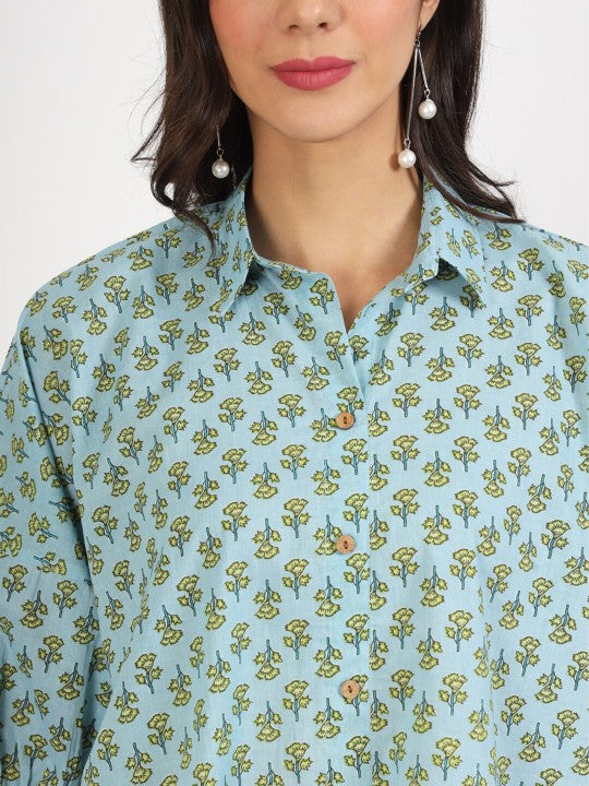 Ethnic Sky Blue Floral Printed Pure Cotton Casual Tops