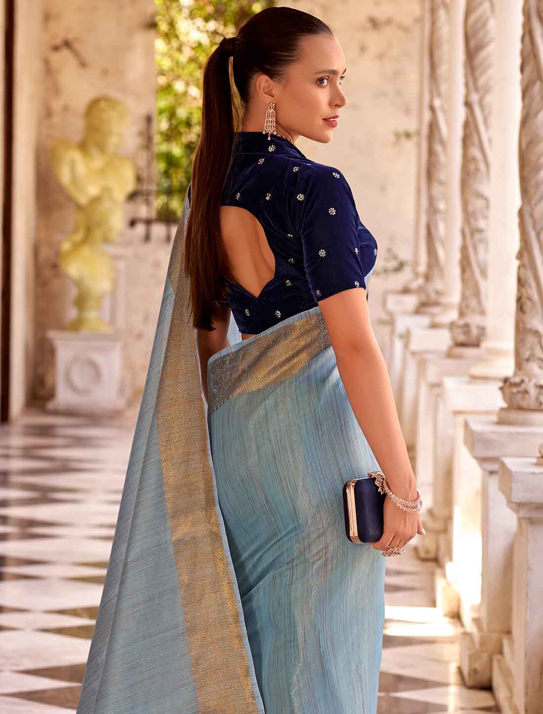 Blue Ethnic Linen Adorned Embroidery Designer Saree