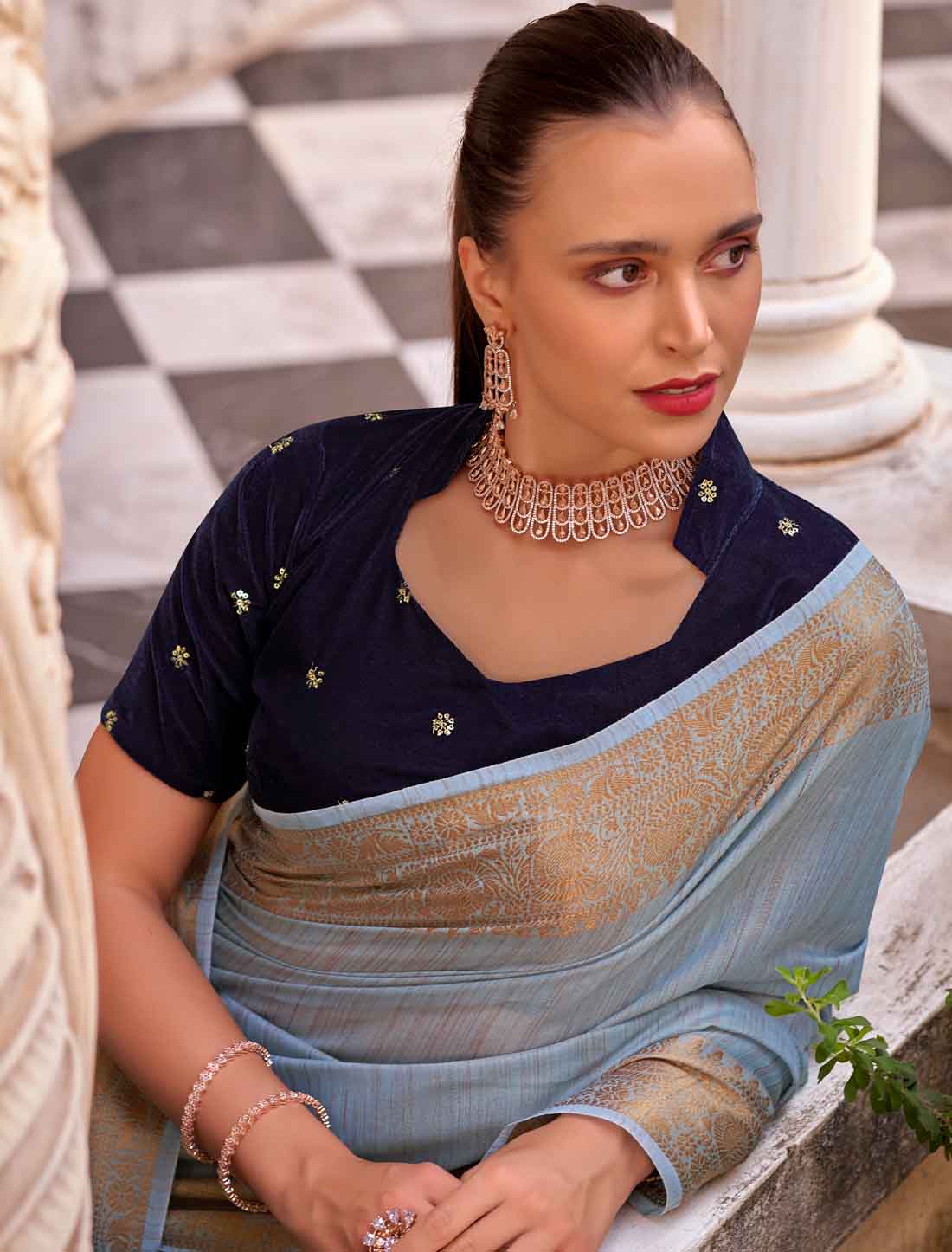 Blue Ethnic Linen Adorned Embroidery Designer Saree