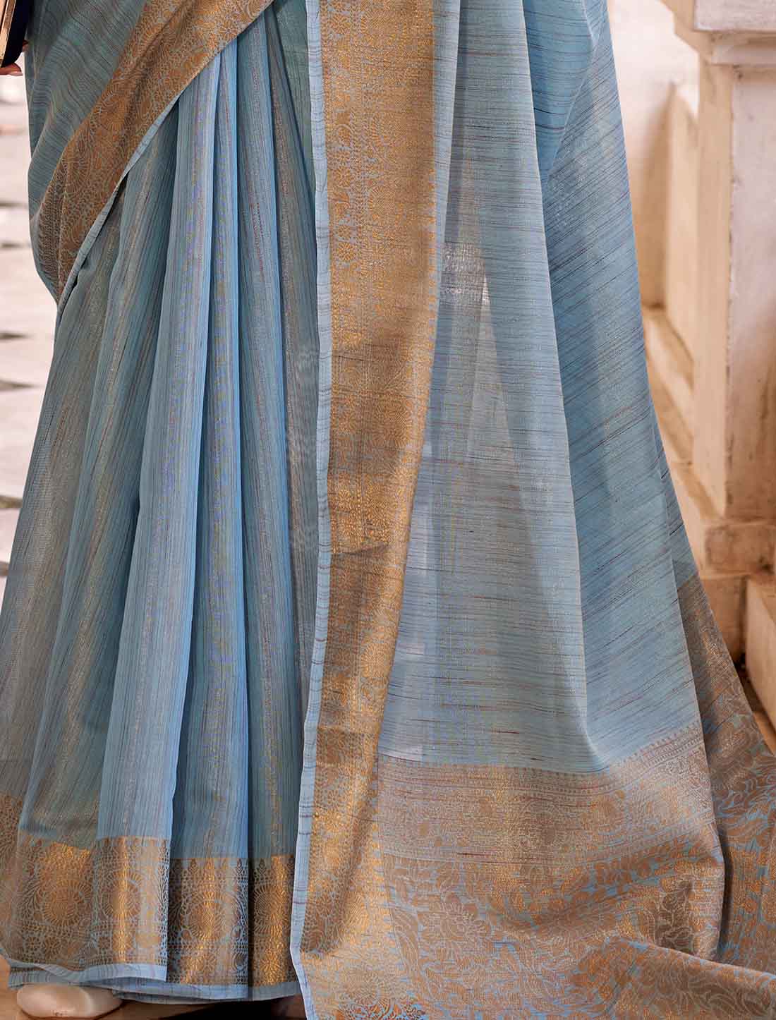 Blue Ethnic Linen Adorned Embroidery Designer Saree