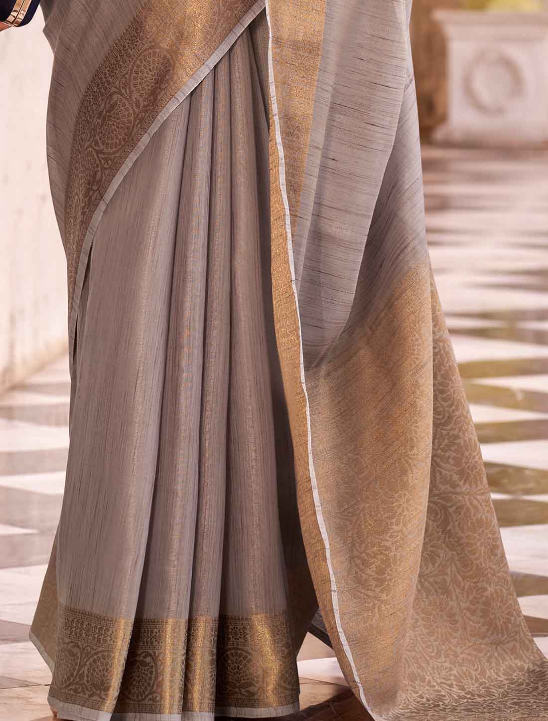 Grey Ethnic Linen Velvet Emboridery Work Designer Saree