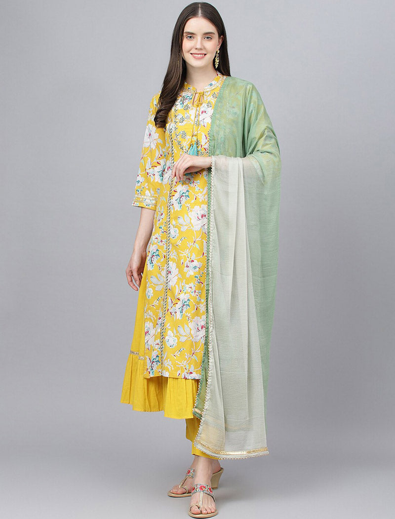 Yellow Ethnic Cotton kurta Sets with Trousers & Dupatta
