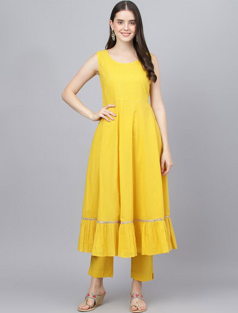 Yellow Ethnic Cotton kurta Sets with Trousers & Dupatta
