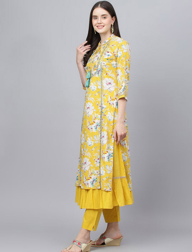 Yellow Ethnic Cotton kurta Sets with Trousers & Dupatta