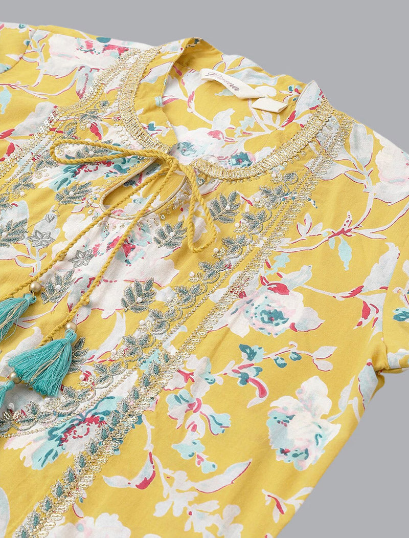 Yellow Ethnic Cotton kurta Sets with Trousers & Dupatta
