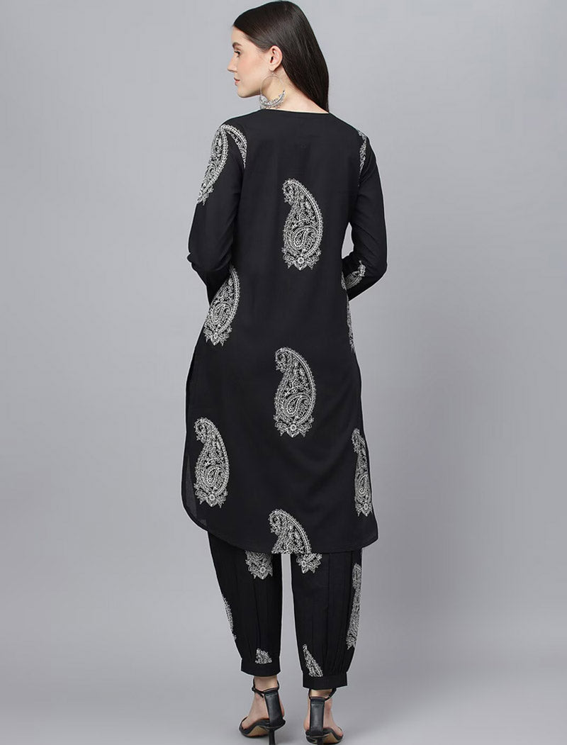 Black Cotton Straight Kurta Hem Cuffed Pant Set For Women