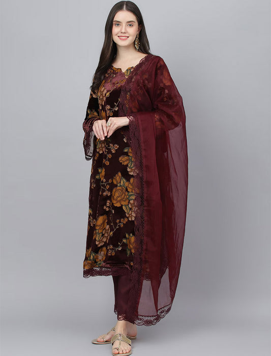 Ethnic Women Brown Floral Printed Velvet Kurta Pants with Dupatta