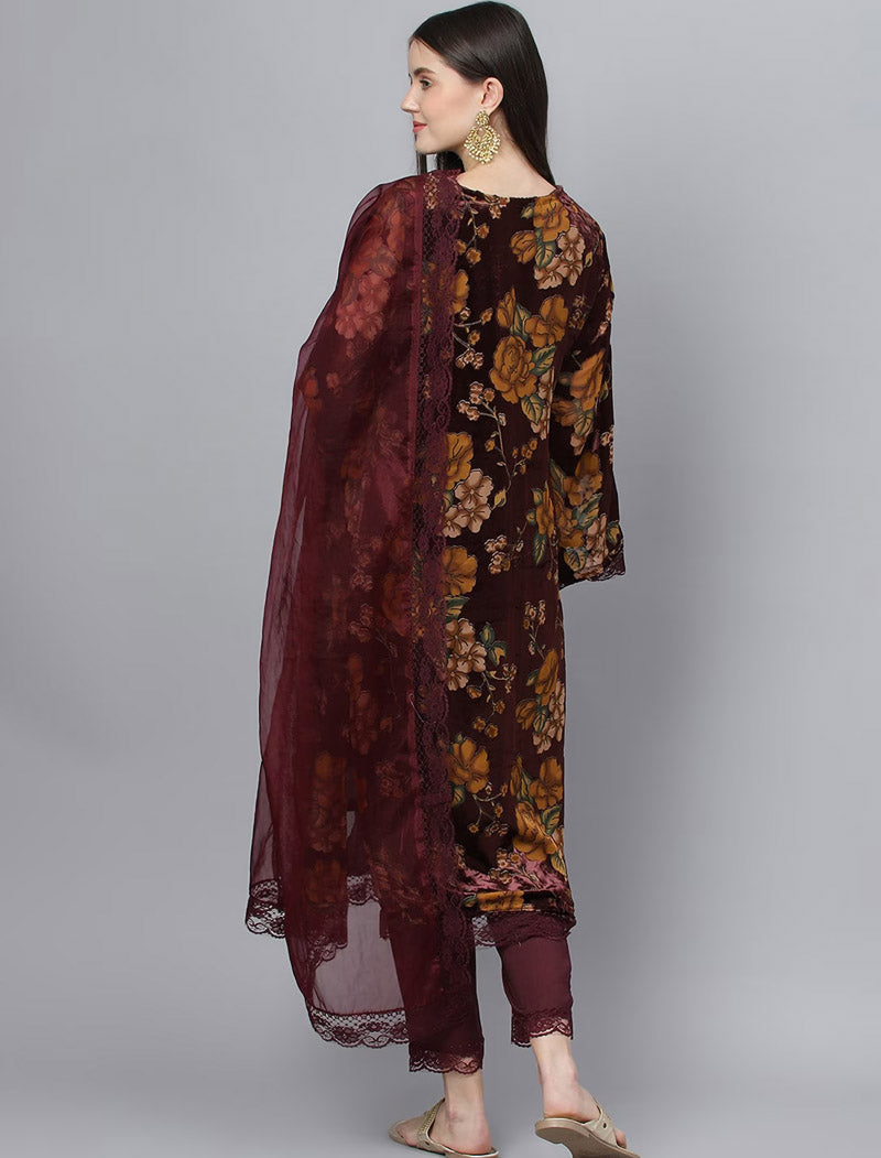 Ethnic Women Brown Floral Printed Velvet Kurta Pants with Dupatta