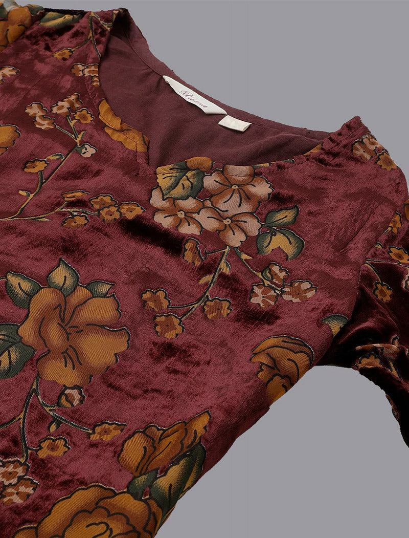 Ethnic Women Brown Floral Printed Velvet Kurta Pants with Dupatta