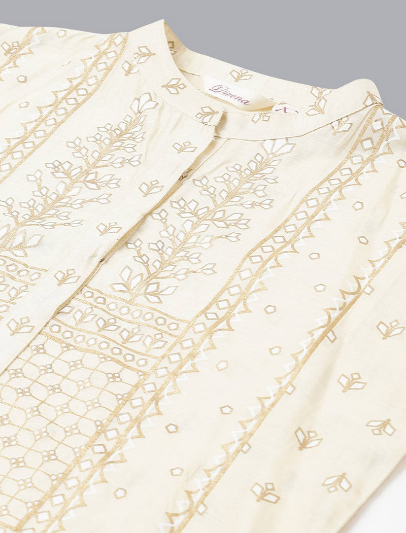 Cream Ethnic Women Chanderi Silk Kurta Set with Dupatta