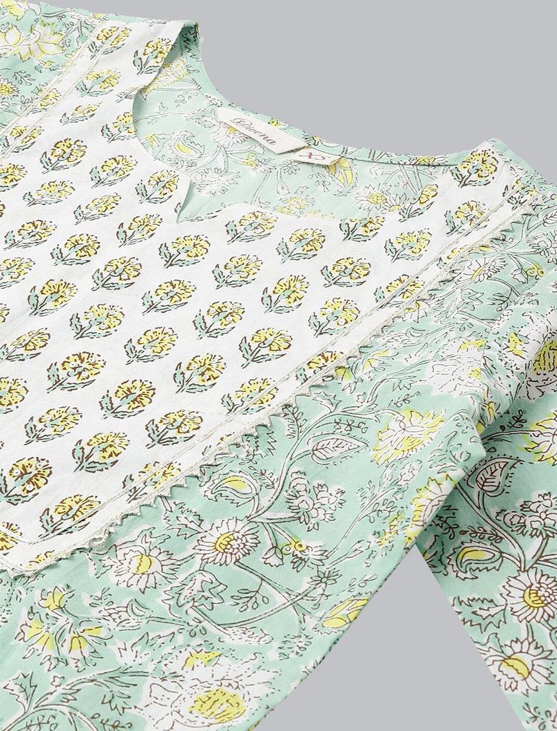 Ethnic Mint Green Floral Printed Kurta Pant set With Dupatta