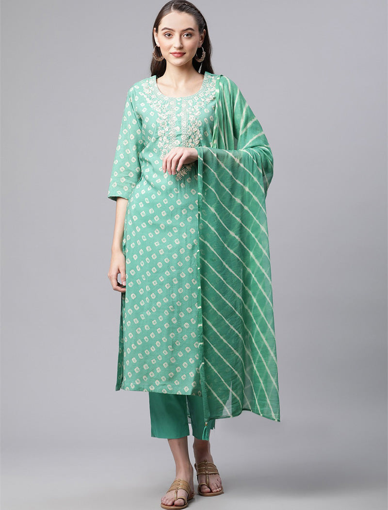 Green Ethnic Bandhani Kurta Trousers Dupatta Kurta Sets For Women
