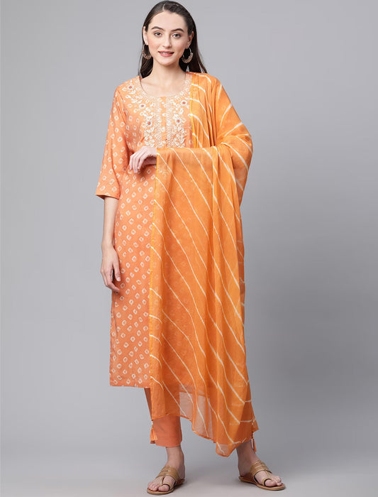 Orange Bandhani Printed Chanderi Silk Kurta with Trousers & Dupatta Kurta Sets For women