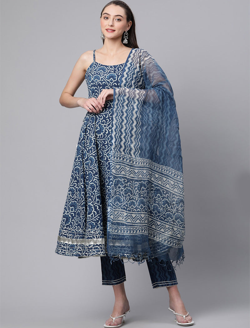Ethnic Blue Printed Cotton Kurta Sets Trousers Dupatta For Women