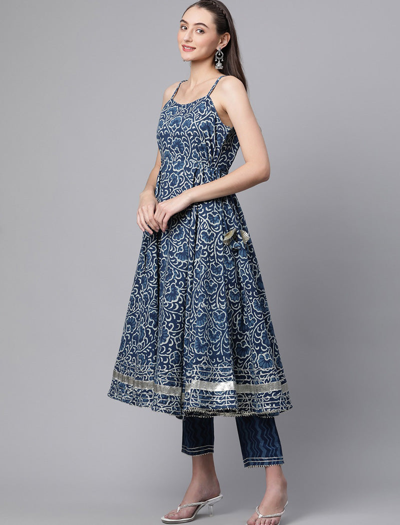 Ethnic Blue Printed Cotton Kurta Sets Trousers Dupatta For Women