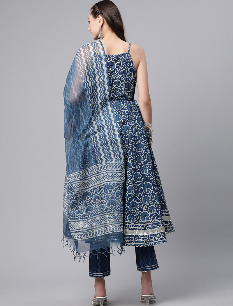 Ethnic Blue Printed Cotton Kurta Sets Trousers Dupatta For Women