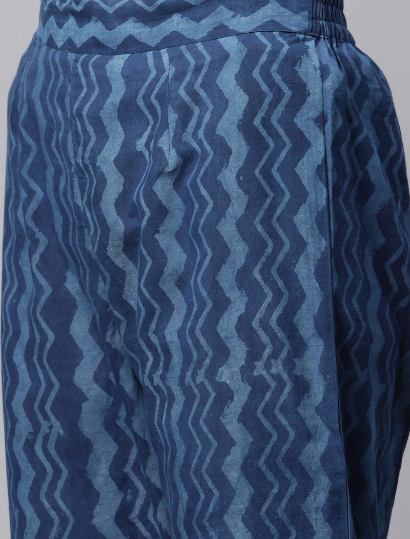 Ethnic Blue Printed Cotton Kurta Sets Trousers Dupatta For Women