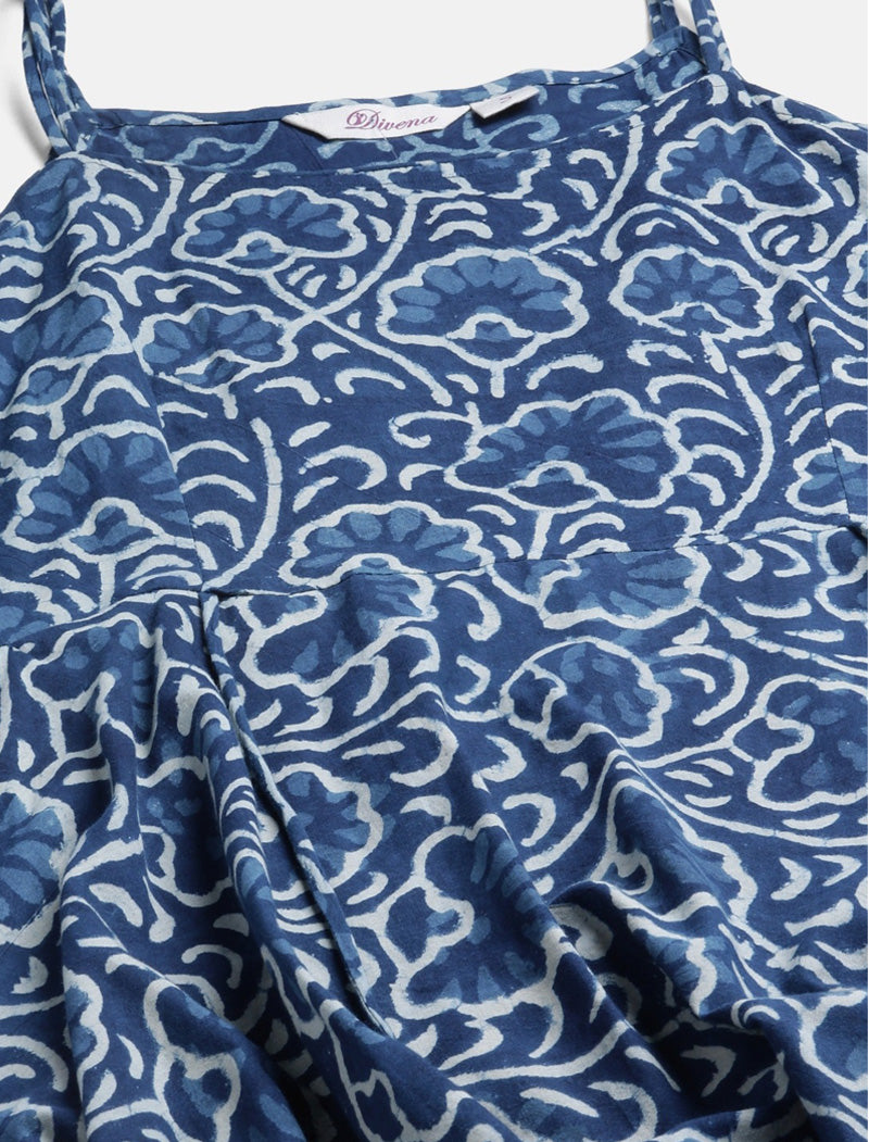 Ethnic Blue Printed Cotton Kurta Sets Trousers Dupatta For Women