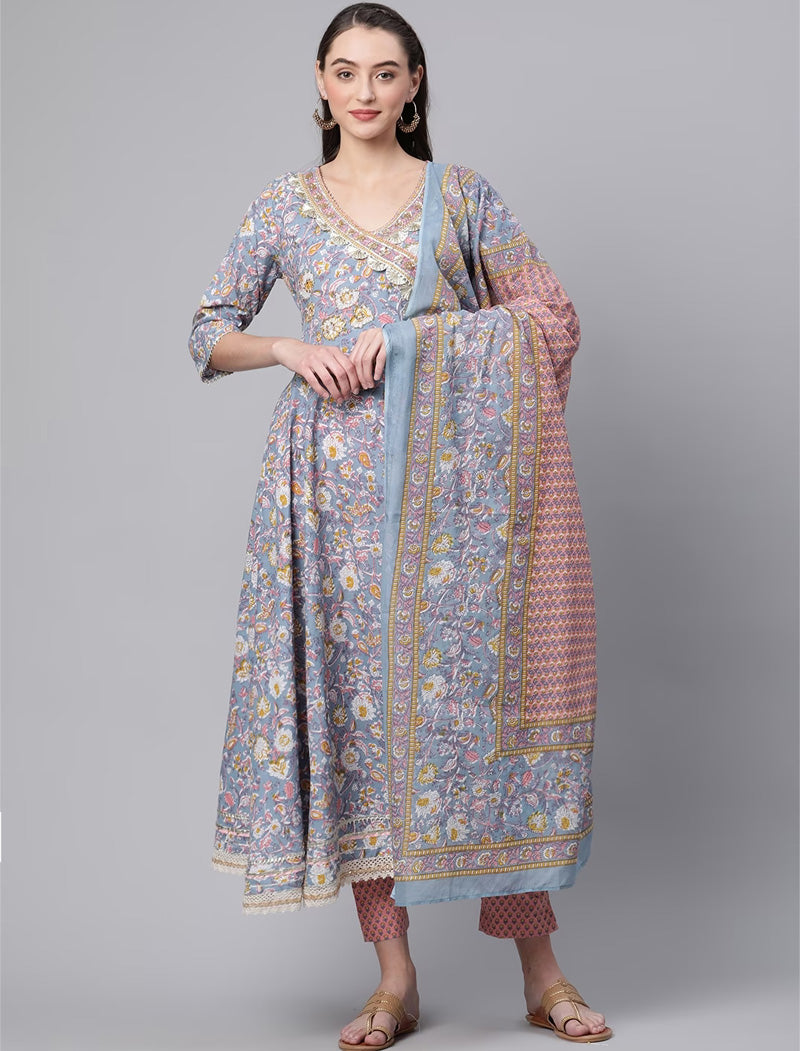 Blue Floral Cotton Ethnic Kurta Sets Trousers Dupatta For Women