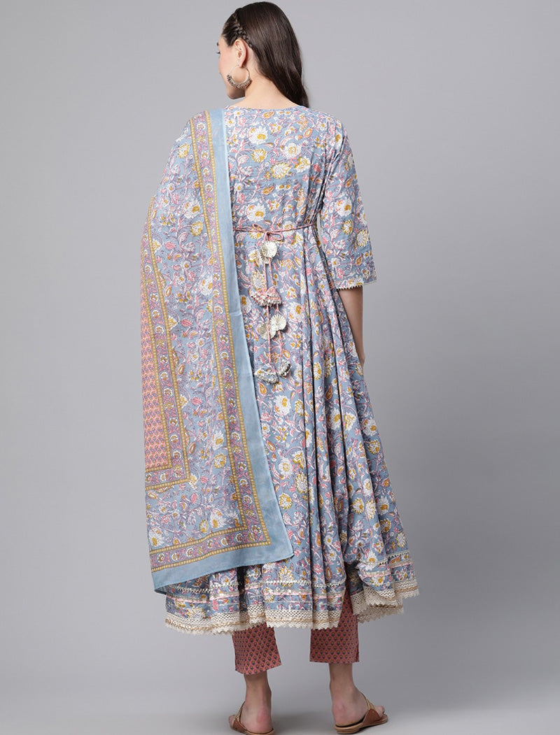 Blue Floral Cotton Ethnic Kurta Sets Trousers Dupatta For Women