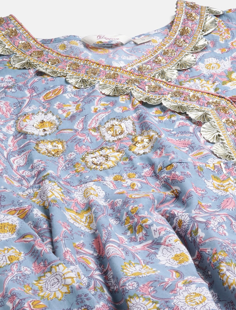 Blue Floral Cotton Ethnic Kurta Sets Trousers Dupatta For Women