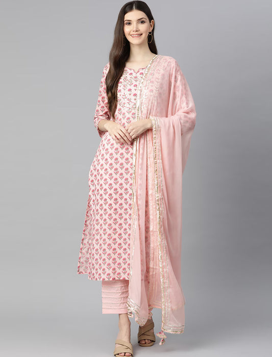 Pink Floral Printed Pure Cotton Kurta with Trousers & Dupatta Kurta Sets For Women