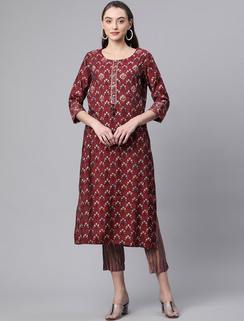 Maroon Ethnic Chanderi Kurta Pant Set