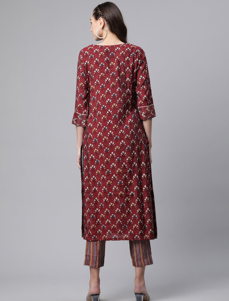 Maroon Ethnic Chanderi Kurta Pant Set
